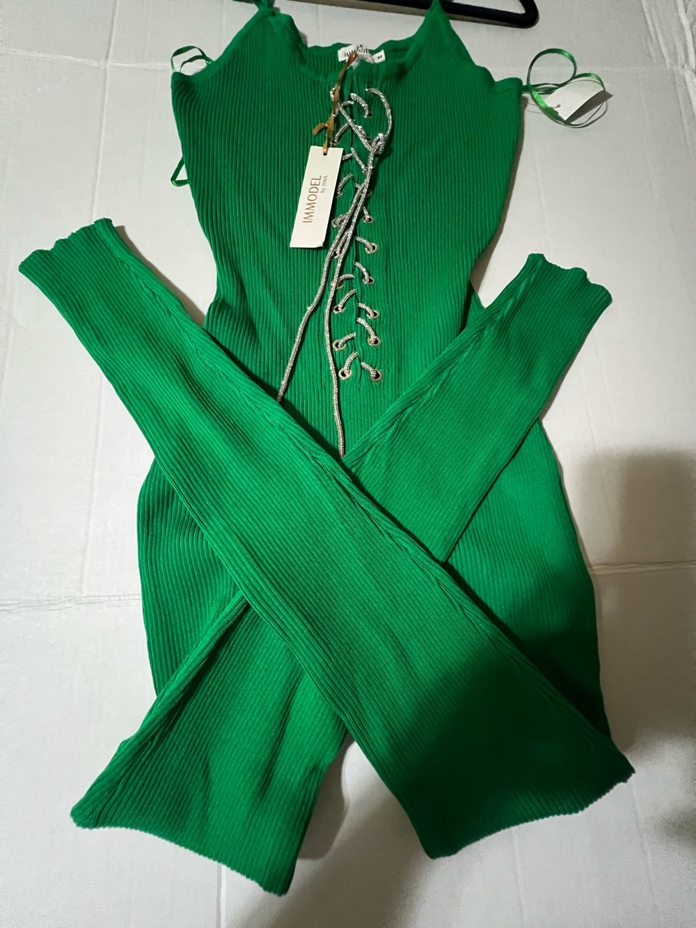 Immodel Green Ribbed Lace-Up Jumpsuit Leggings